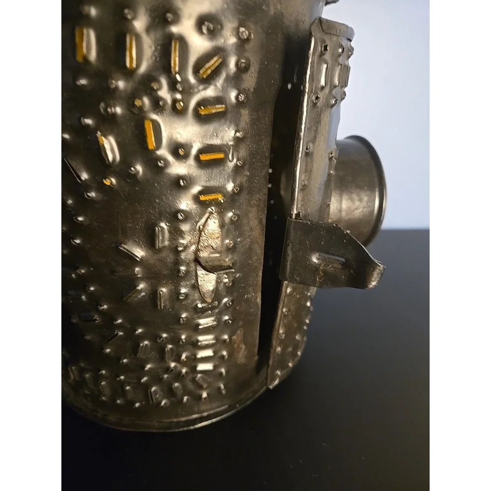 Punched Tin Candle Lantern‎ Side Smoke Stack Double Glass Lenses Bullseye
